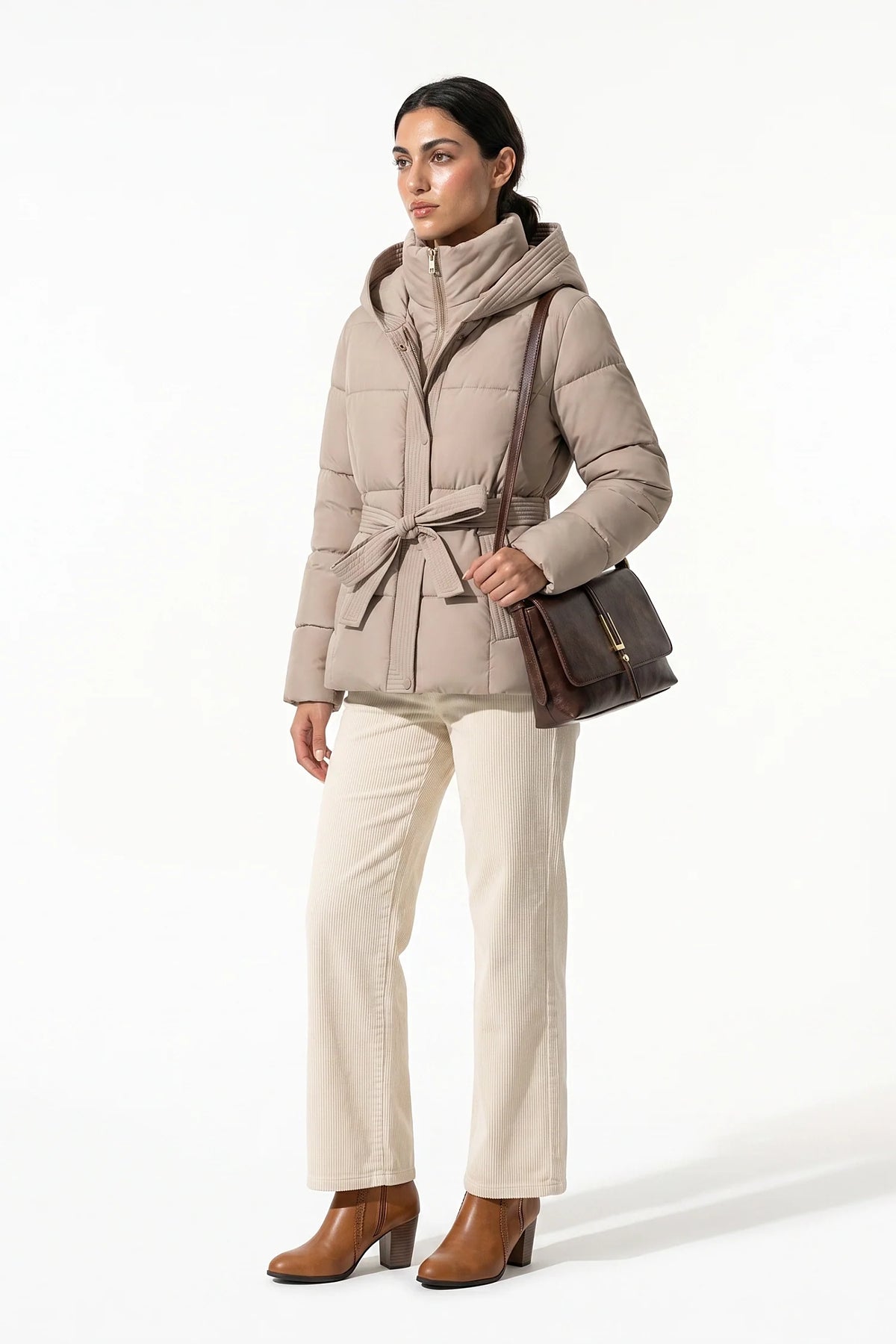 Clémence Moreau | Women's Winter Warm Hooded Puffer Jacket with Belted Waist