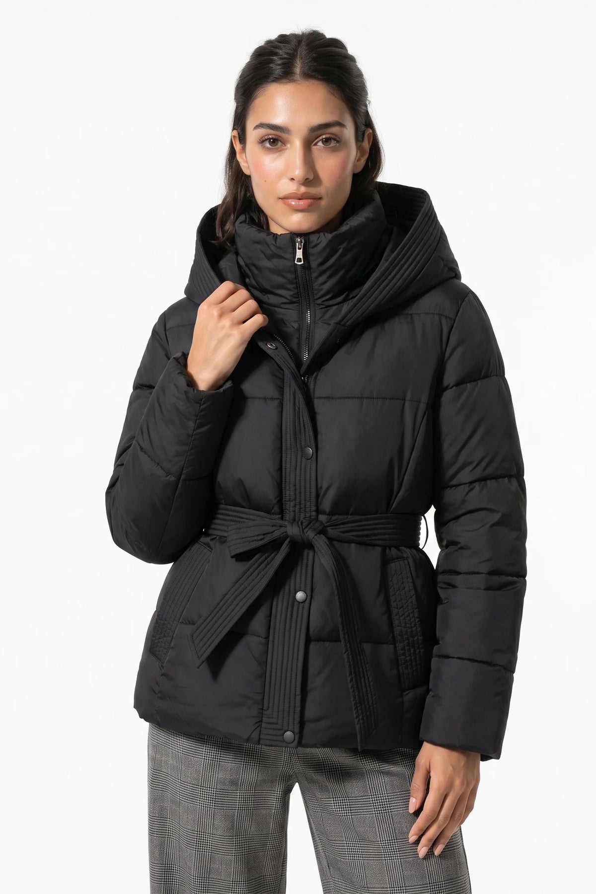 Clémence Moreau | Women's Winter Warm Hooded Puffer Jacket with Belted Waist