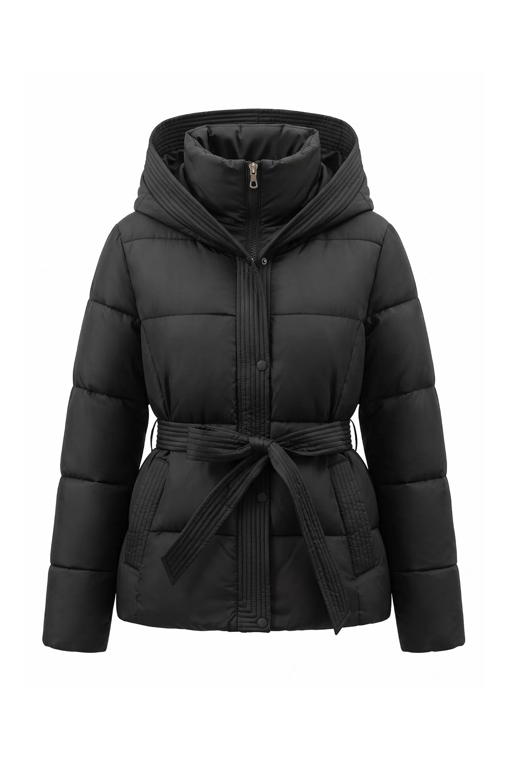 Clémence Moreau | Women's Winter Warm Hooded Puffer Jacket with Belted Waist