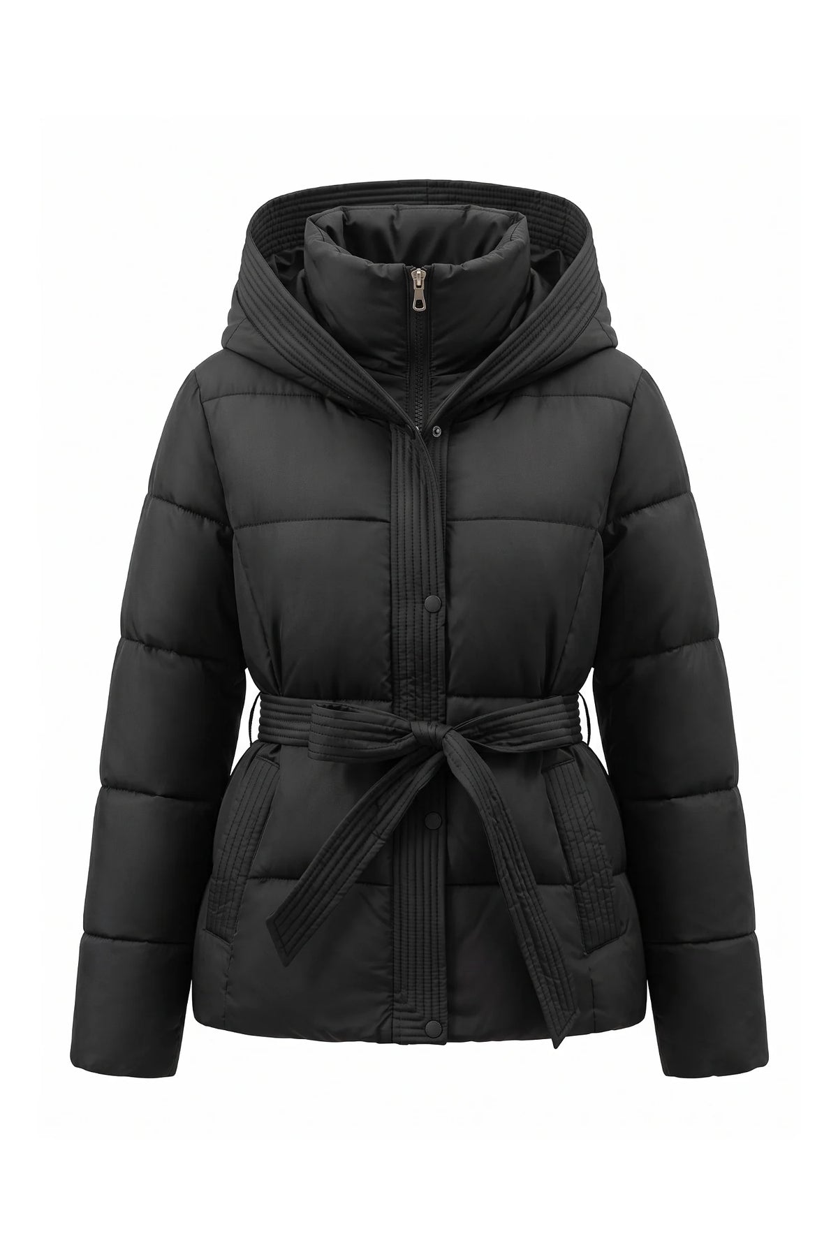 Clémence Moreau | Women's Winter Warm Hooded Puffer Jacket with Belted Waist
