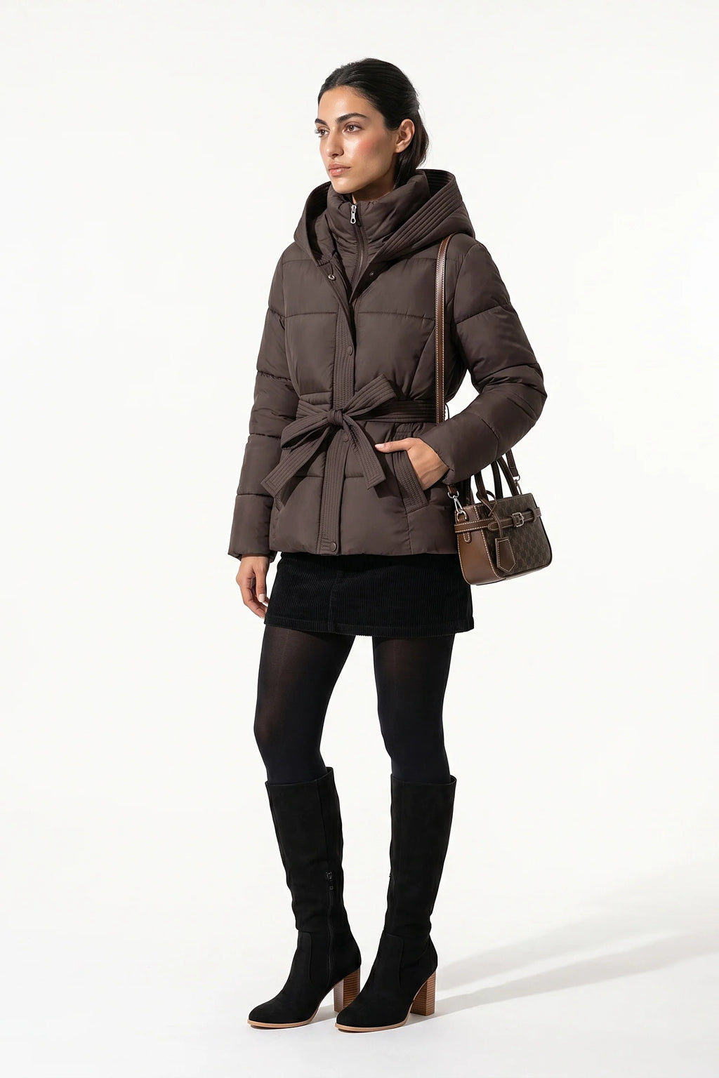 Clémence Moreau | Women's Winter Warm Hooded Puffer Jacket with Belted Waist