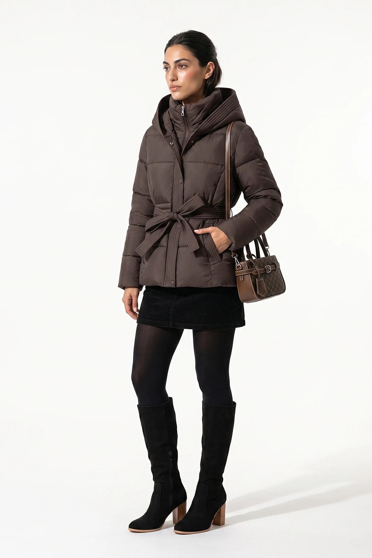 Clémence Moreau | Women's Winter Warm Hooded Puffer Jacket with Belted Waist
