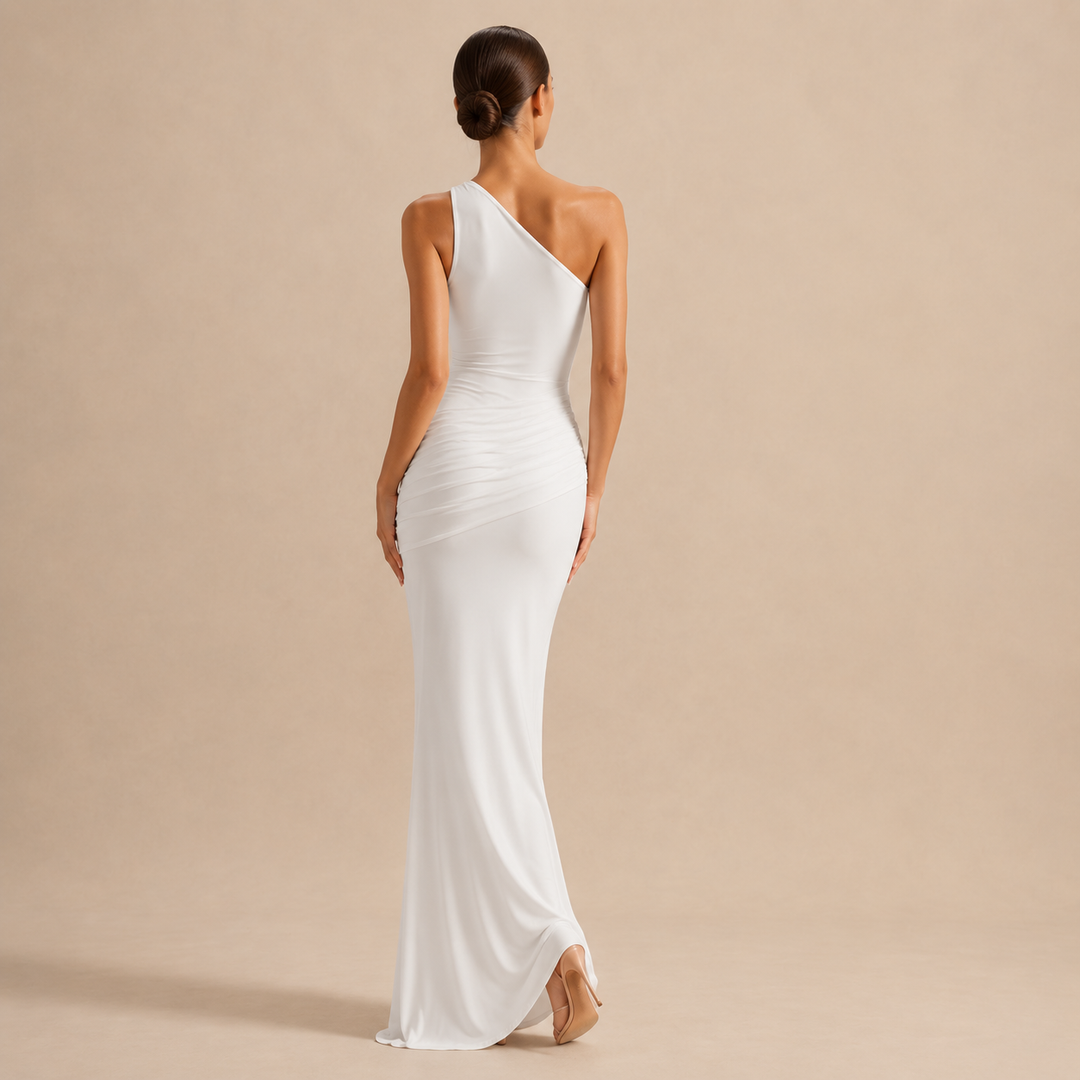 Simone Leclerc | One Shoulder Ruched Satin Fishtail Maxi Dress