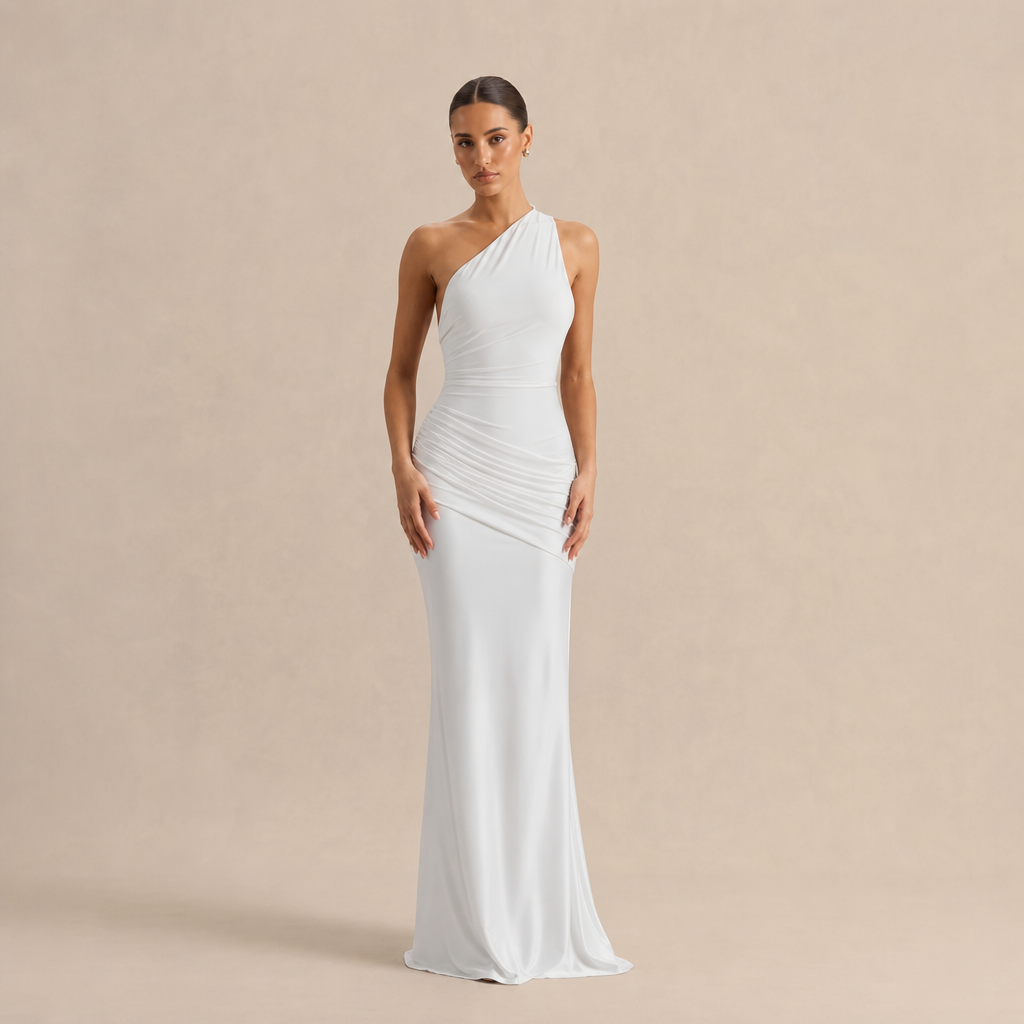Simone Leclerc | One Shoulder Ruched Satin Fishtail Maxi Dress
