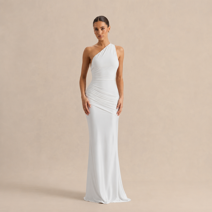 Simone Leclerc | One Shoulder Ruched Satin Fishtail Maxi Dress