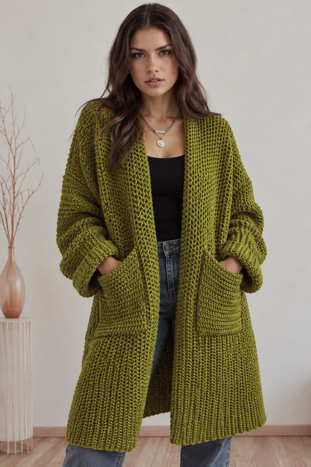 Anie Vernet | Women's Oversized Chunky Knit Open Front Long Cardigan Patch Pockets