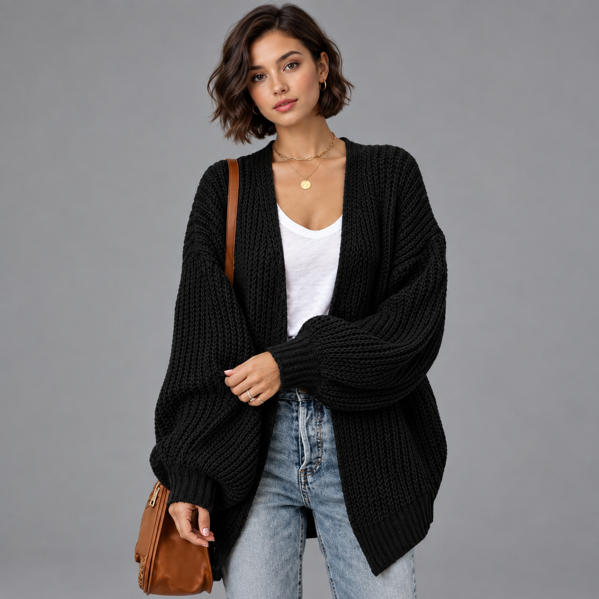 Gaëlle Ségur | Women's Relaxed Fit Oversized Knit Open Front Cardigan