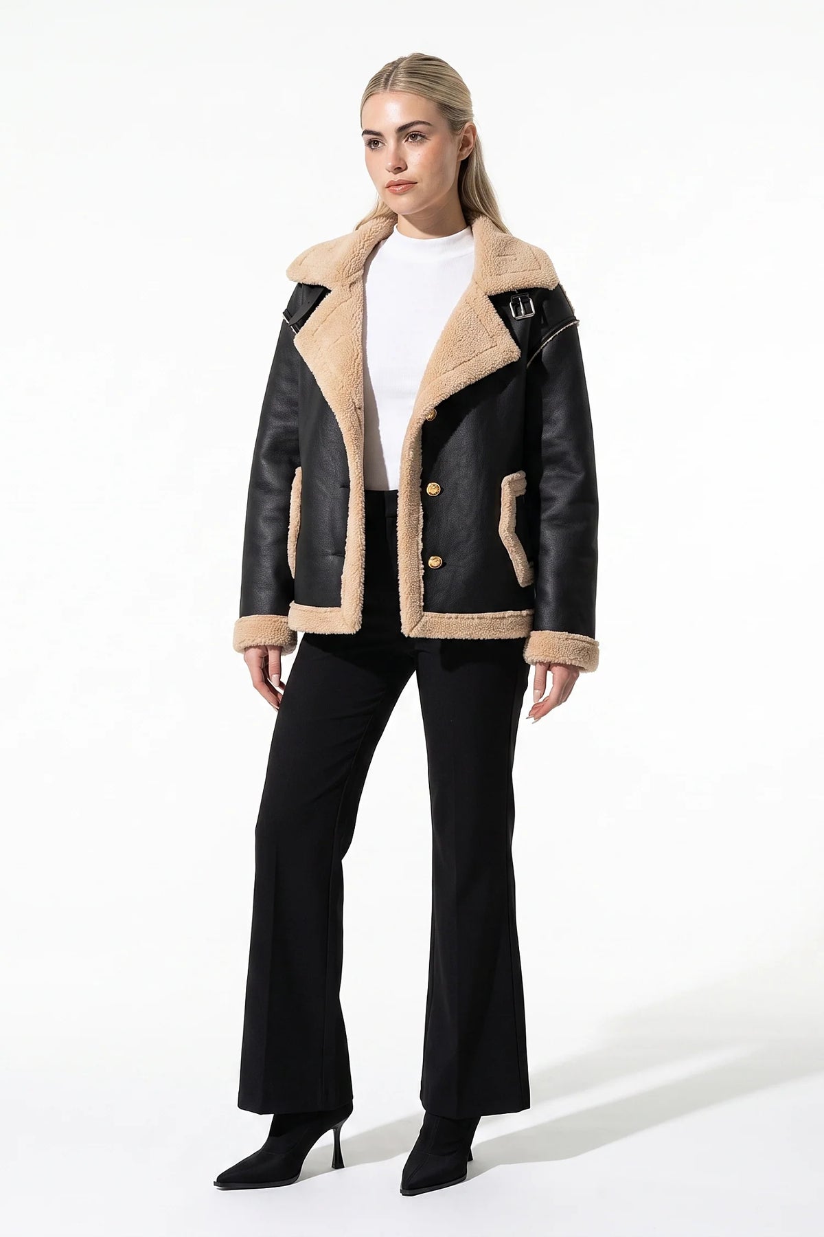 Amandine Rey | Women’s Winter Warm Faux Fur Jacket in Leather Aviator Style
