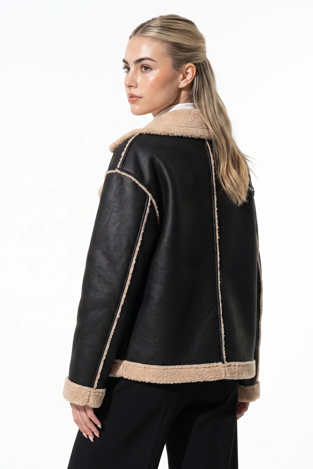 Amandine Rey | Women’s Winter Warm Faux Fur Jacket in Leather Aviator Style