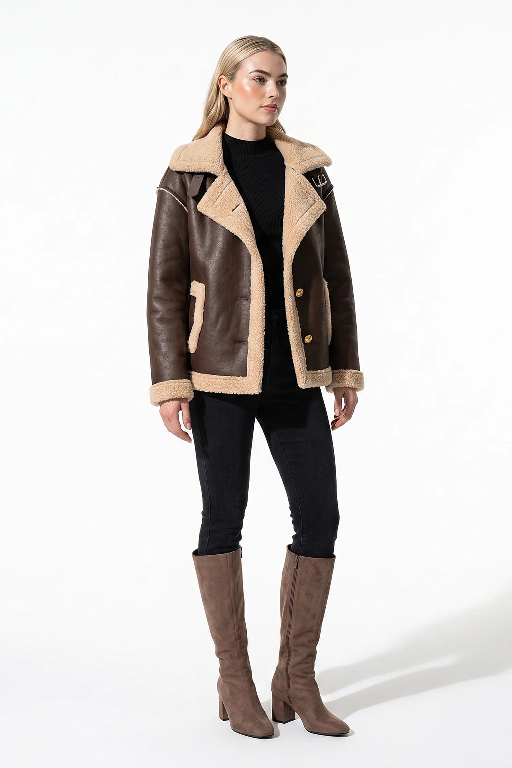 Amandine Rey | Women’s Winter Warm Faux Fur Jacket in Leather Aviator Style