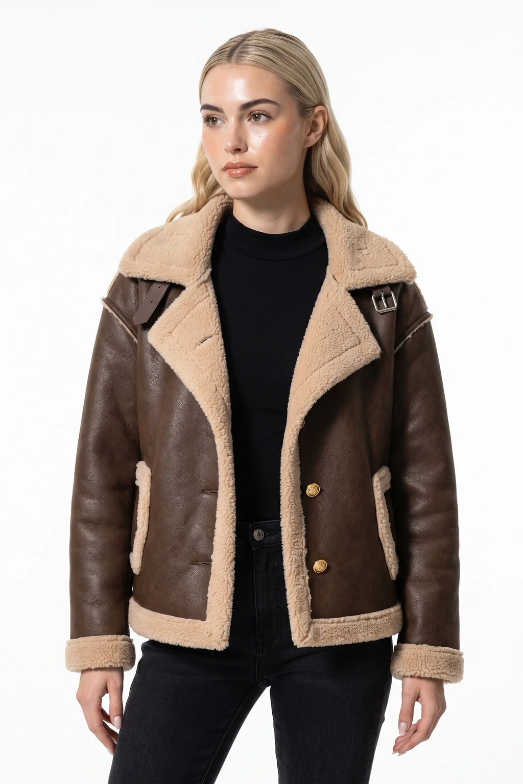 Amandine Rey | Women’s Winter Warm Faux Fur Jacket in Leather Aviator Style