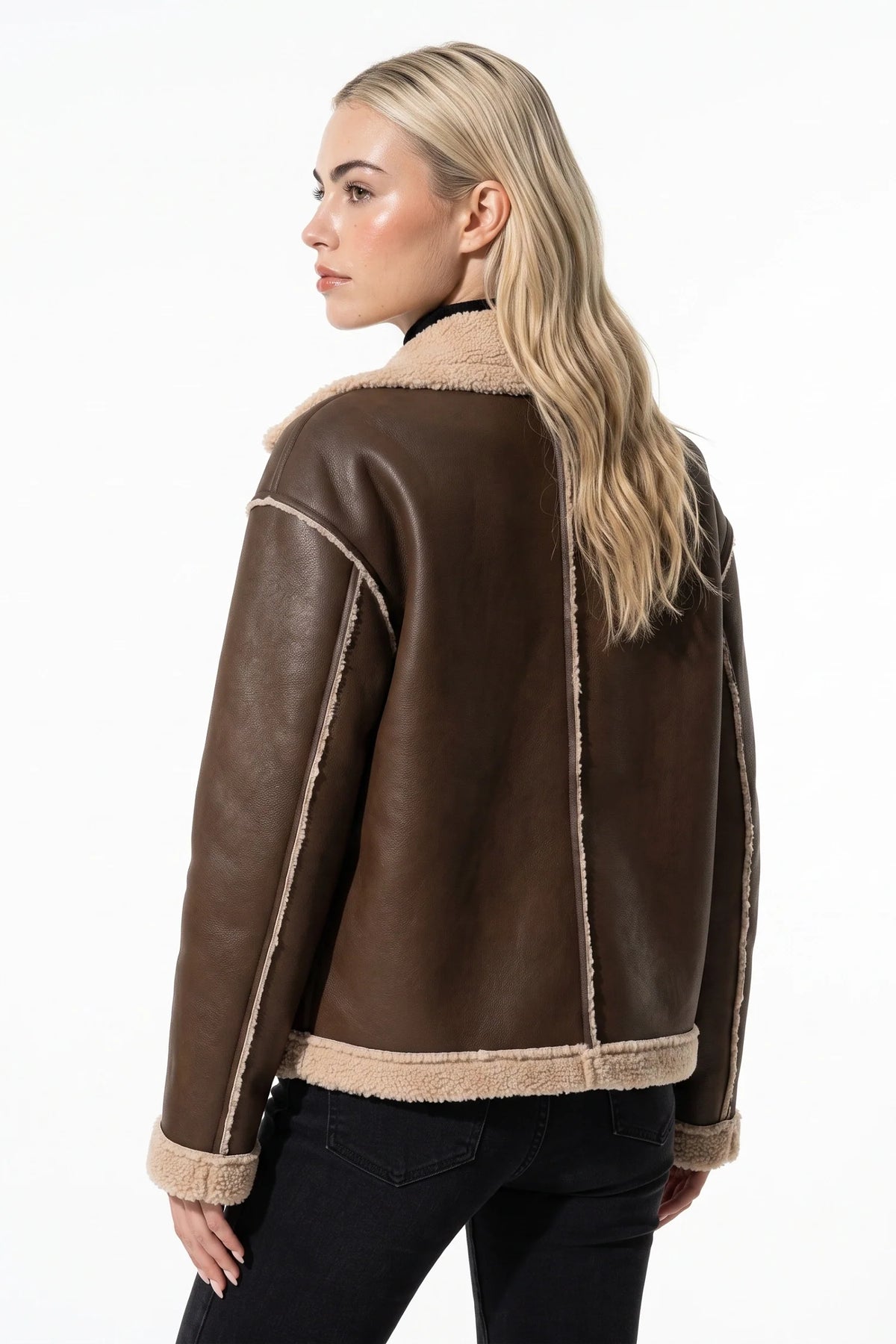 Amandine Rey | Women’s Winter Warm Faux Fur Jacket in Leather Aviator Style