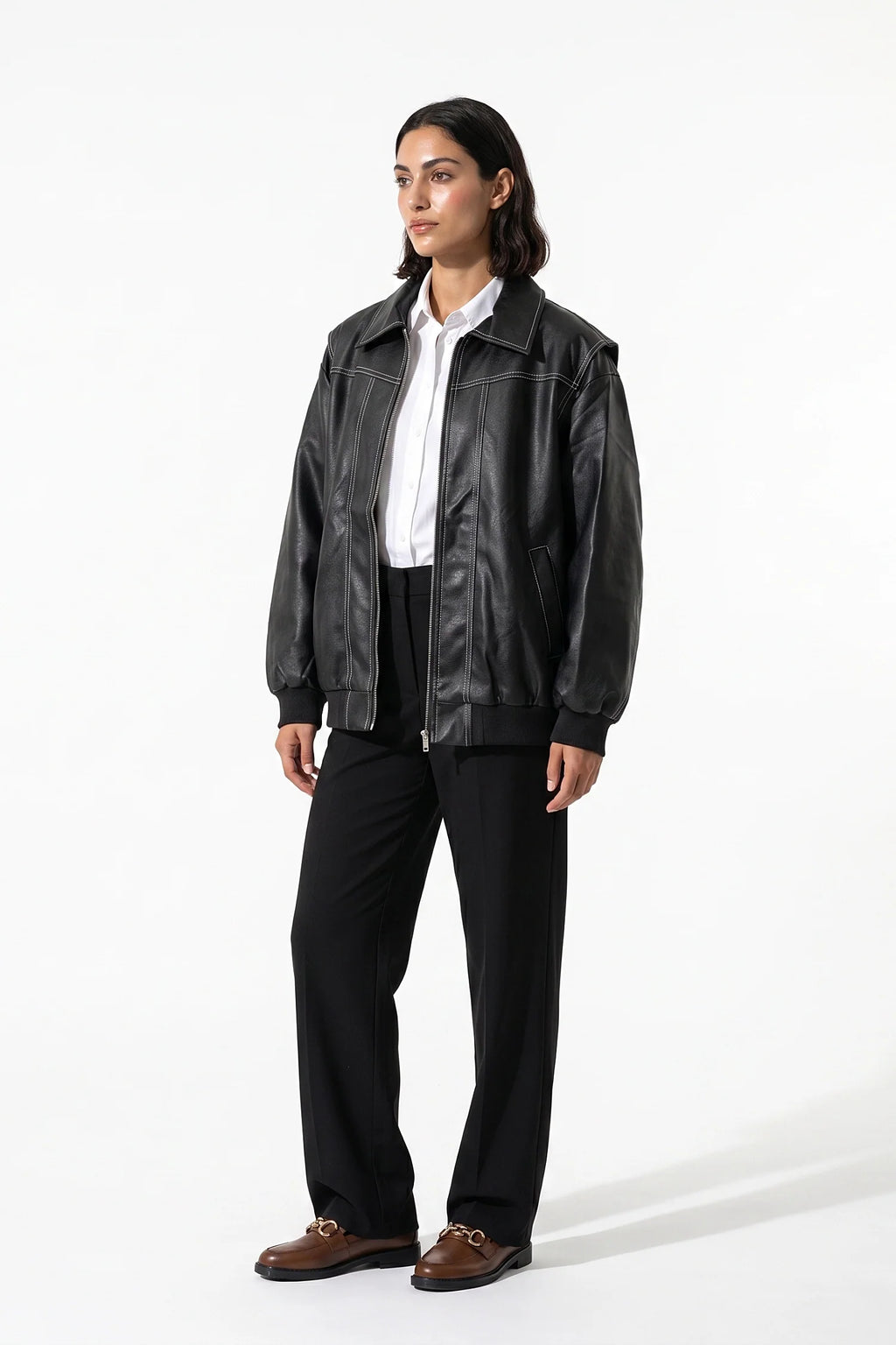 Sarah Masson | Women’s Winter Versatile Oversized Leather Jacket with Zip Up Front