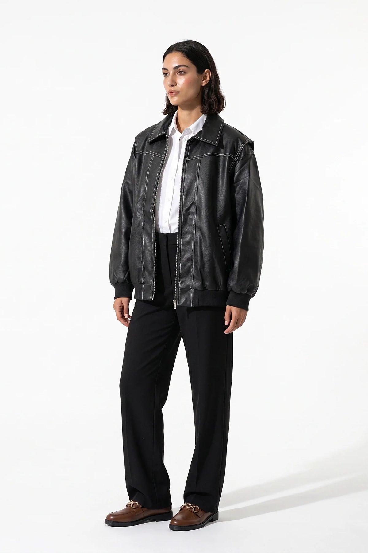 Sarah Masson | Women’s Winter Versatile Oversized Leather Jacket with Zip Up Front