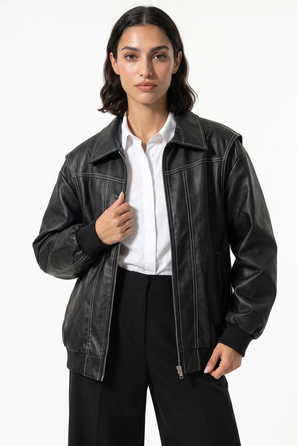 Sarah Masson | Women’s Winter Versatile Oversized Leather Jacket with Zip Up Front