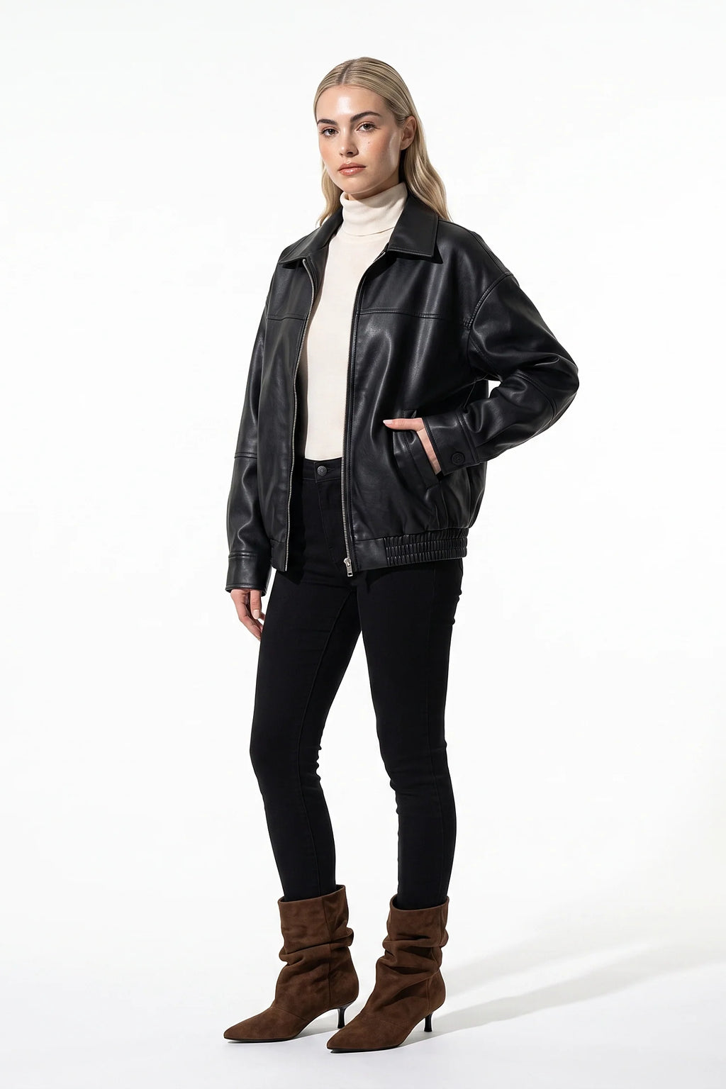Lison Delmas | Women’s Winter Versatile Black Oversized Leather Jacket