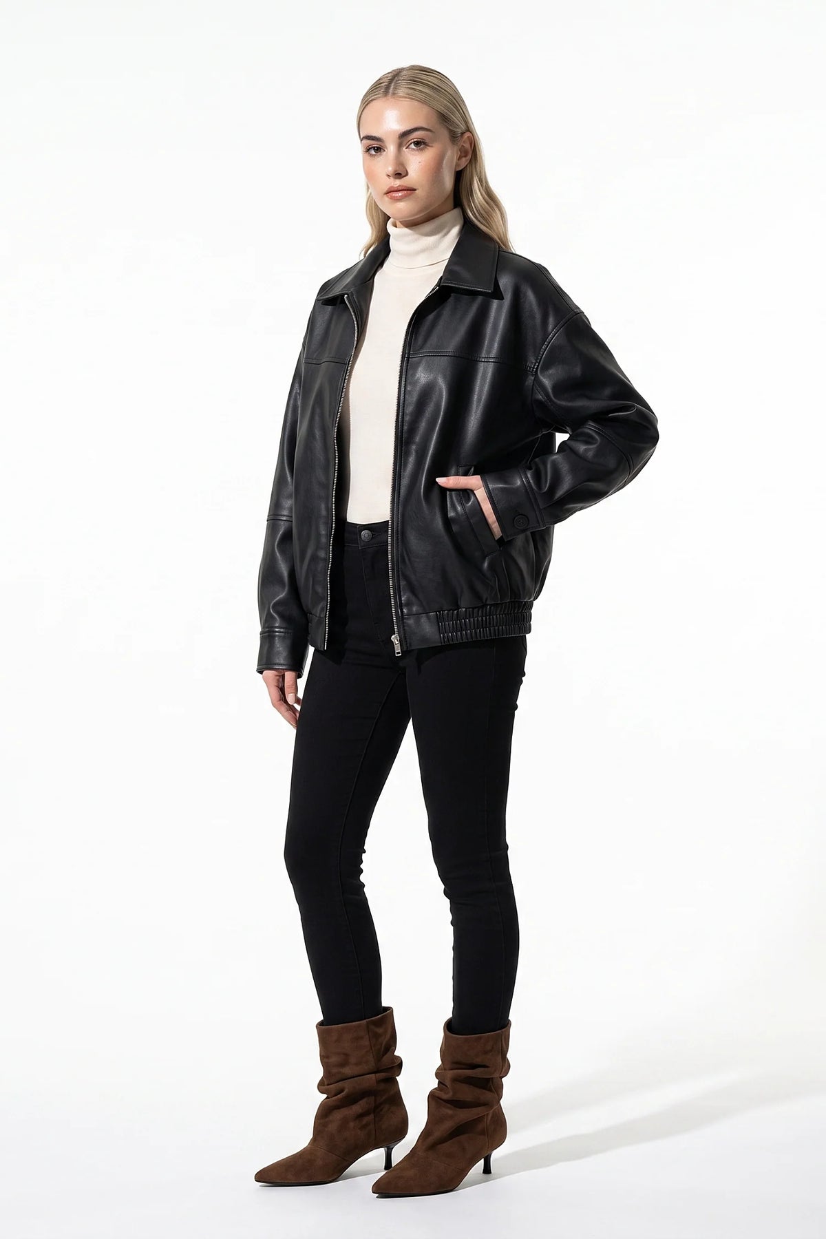 Lison Delmas | Women’s Winter Versatile Black Oversized Leather Jacket