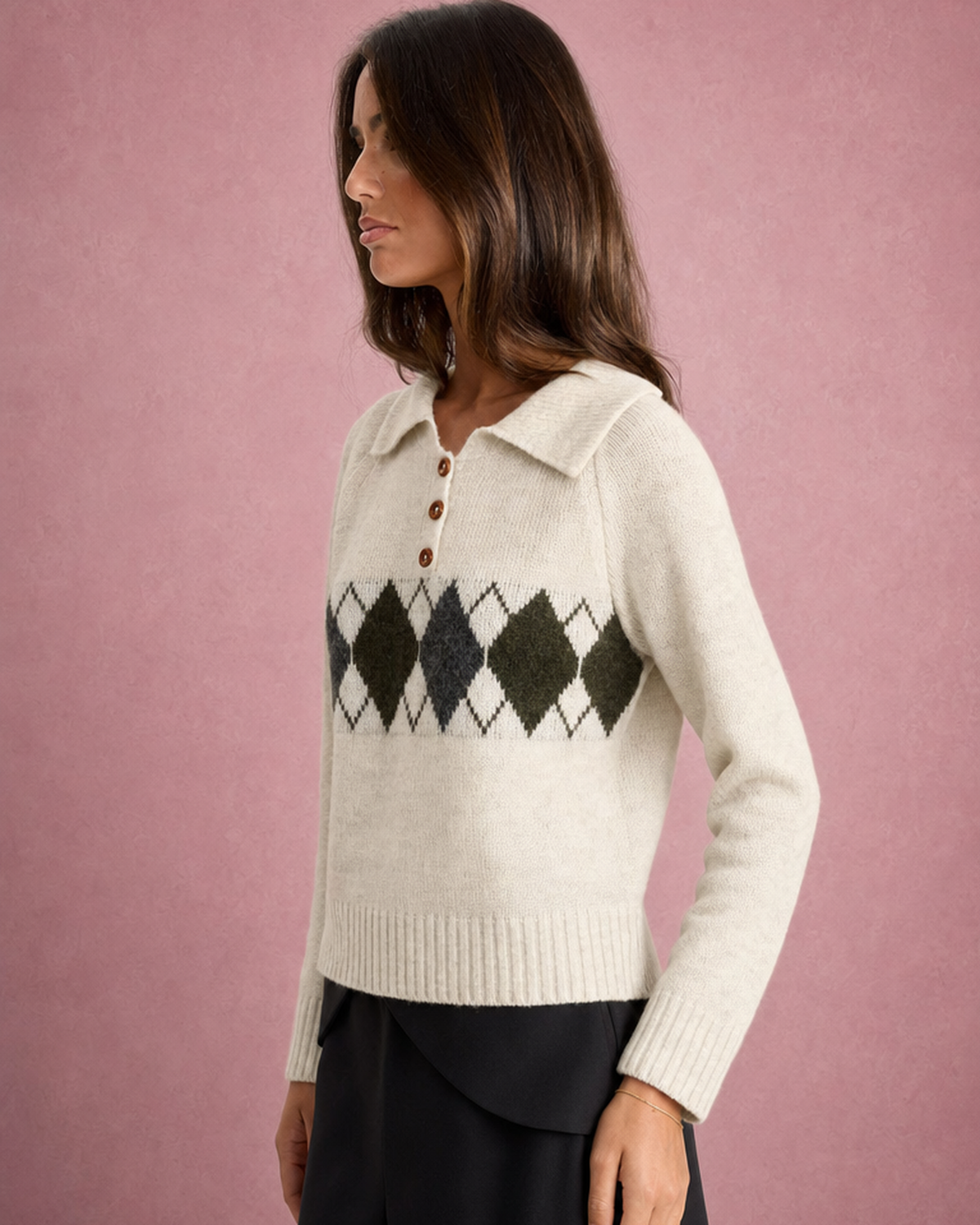 Eugénie Clairvaux | Argyle Polo Collar Long Sleeve Knit Top