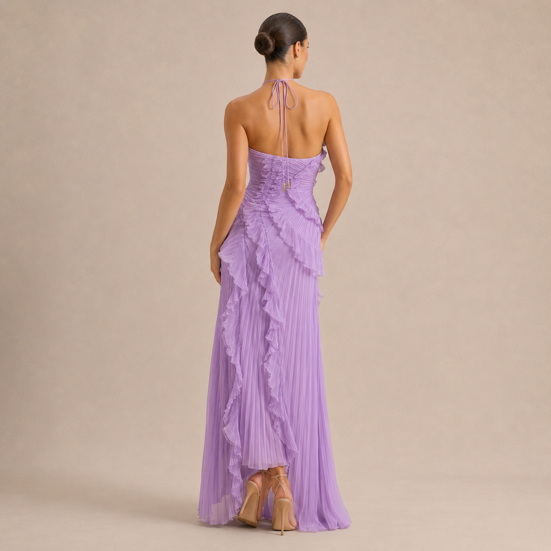 Noémie Gauthier | Pleated Ruffle Halter High-Low Maxi Dress