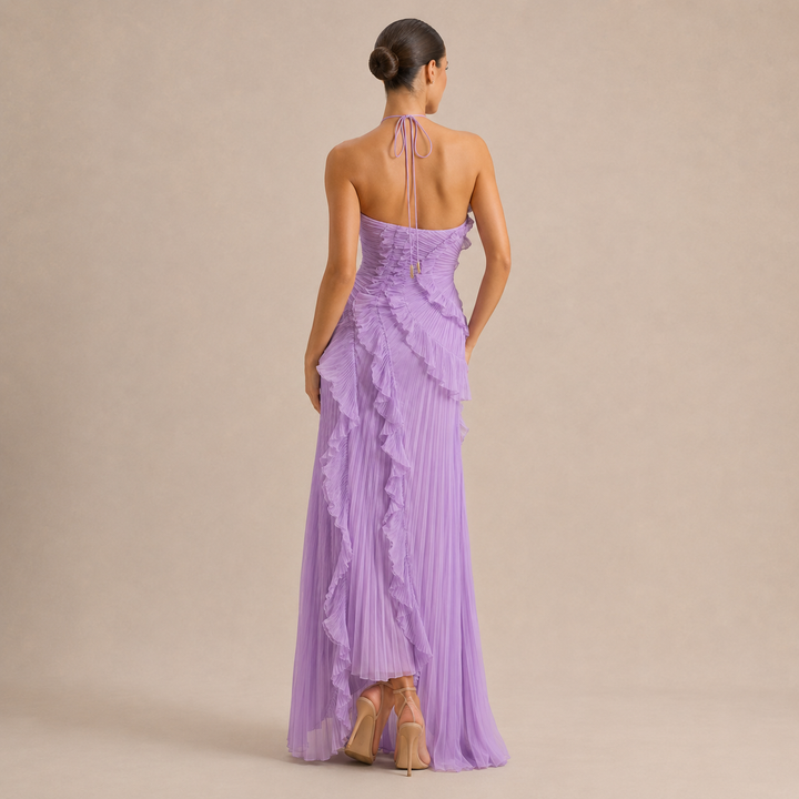 Noémie Gauthier | Pleated Ruffle Halter High-Low Maxi Dress