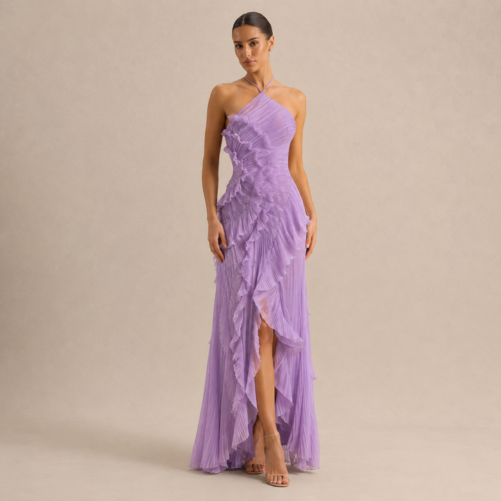 Noémie Gauthier | Pleated Ruffle Halter High-Low Maxi Dress