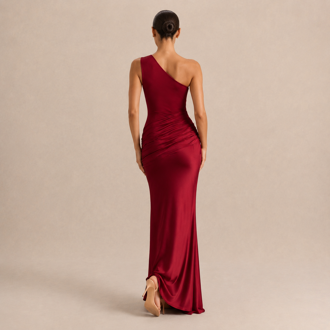 Simone Leclerc | One Shoulder Ruched Satin Fishtail Maxi Dress