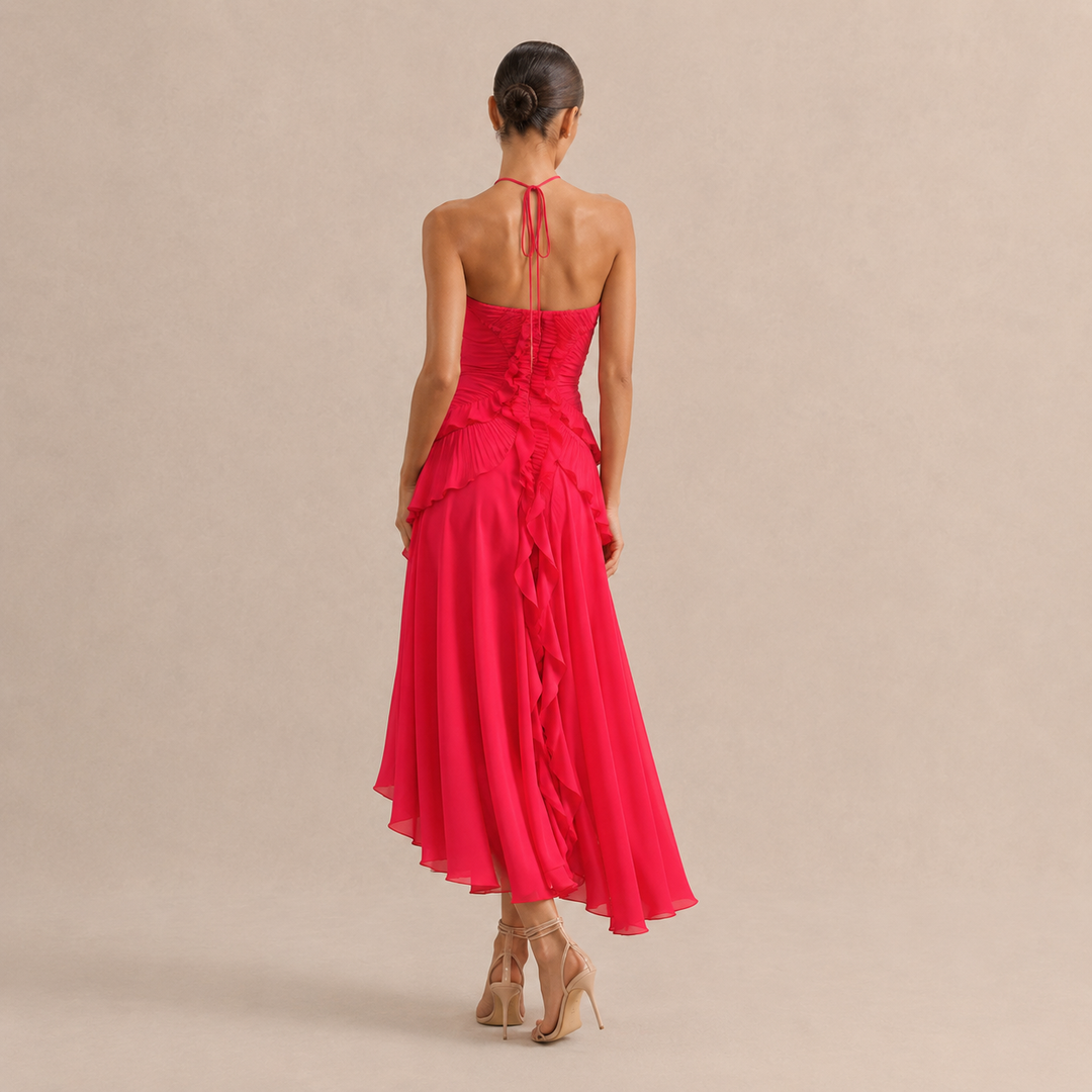 Noémie Gauthier | Pleated Ruffle Halter High-Low Maxi Dress