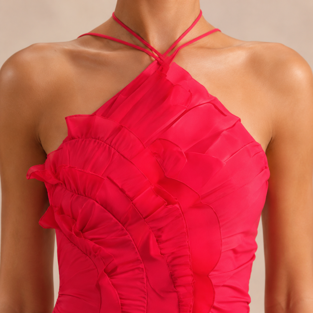 Noémie Gauthier | Pleated Ruffle Halter High-Low Maxi Dress