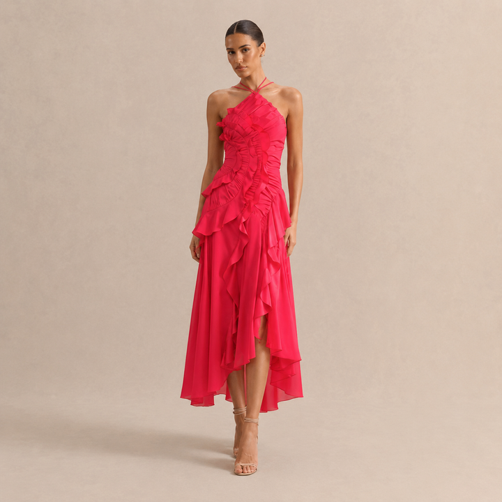 Noémie Gauthier | Pleated Ruffle Halter High-Low Maxi Dress