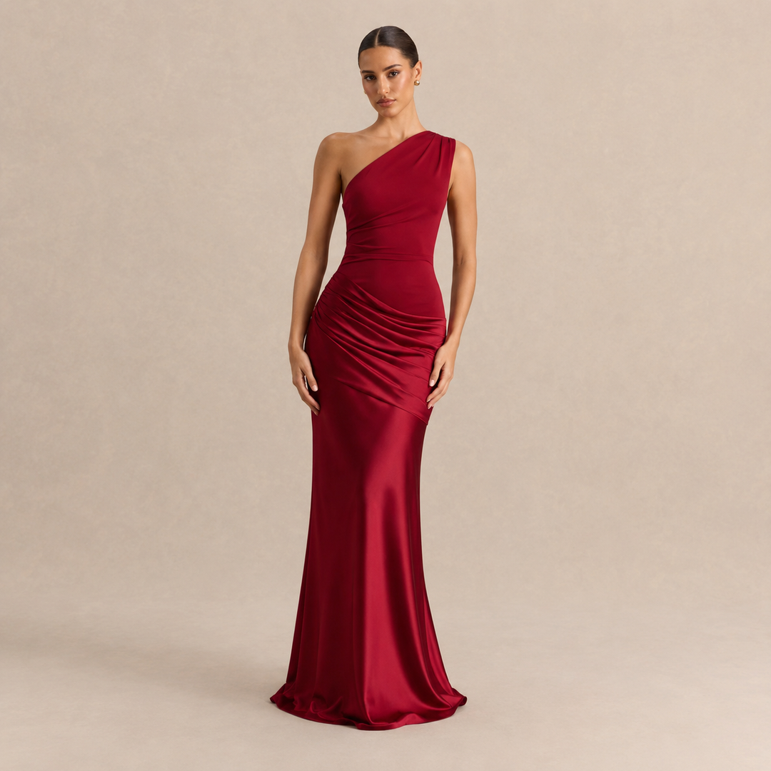 Simone Leclerc | One Shoulder Ruched Satin Fishtail Maxi Dress