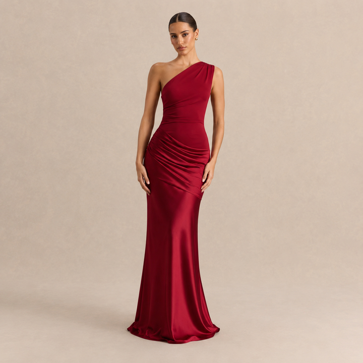 Simone Leclerc | One Shoulder Ruched Satin Fishtail Maxi Dress