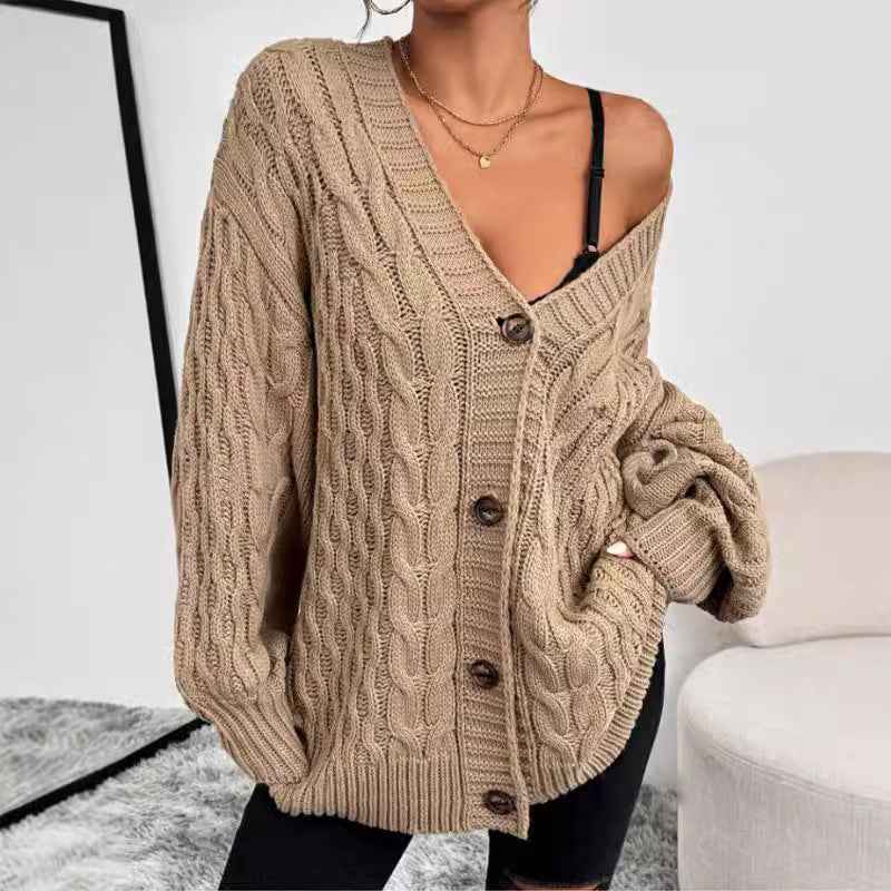 Ninon Valserre | Women's Oversized Cable Knit Cardigan Khaki