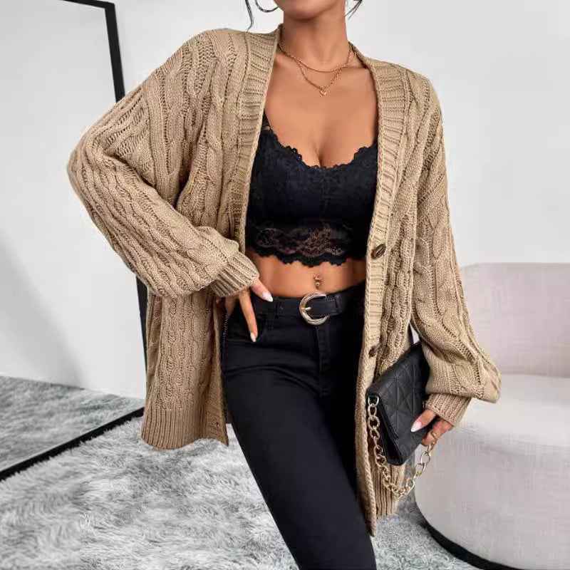 Ninon Valserre | Women's Oversized Cable Knit Cardigan Khaki