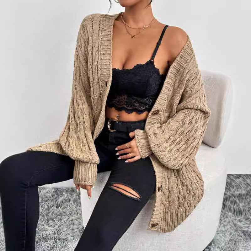 Ninon Valserre | Women's Oversized Cable Knit Cardigan Khaki