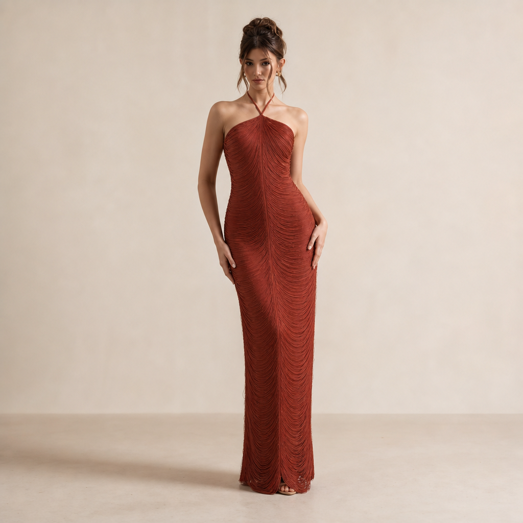 Laure Belle | Halter Neck Fringe Column Maxi Dress