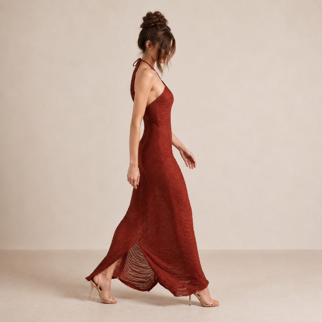Laure Belle | Halter Neck Fringe Column Maxi Dress