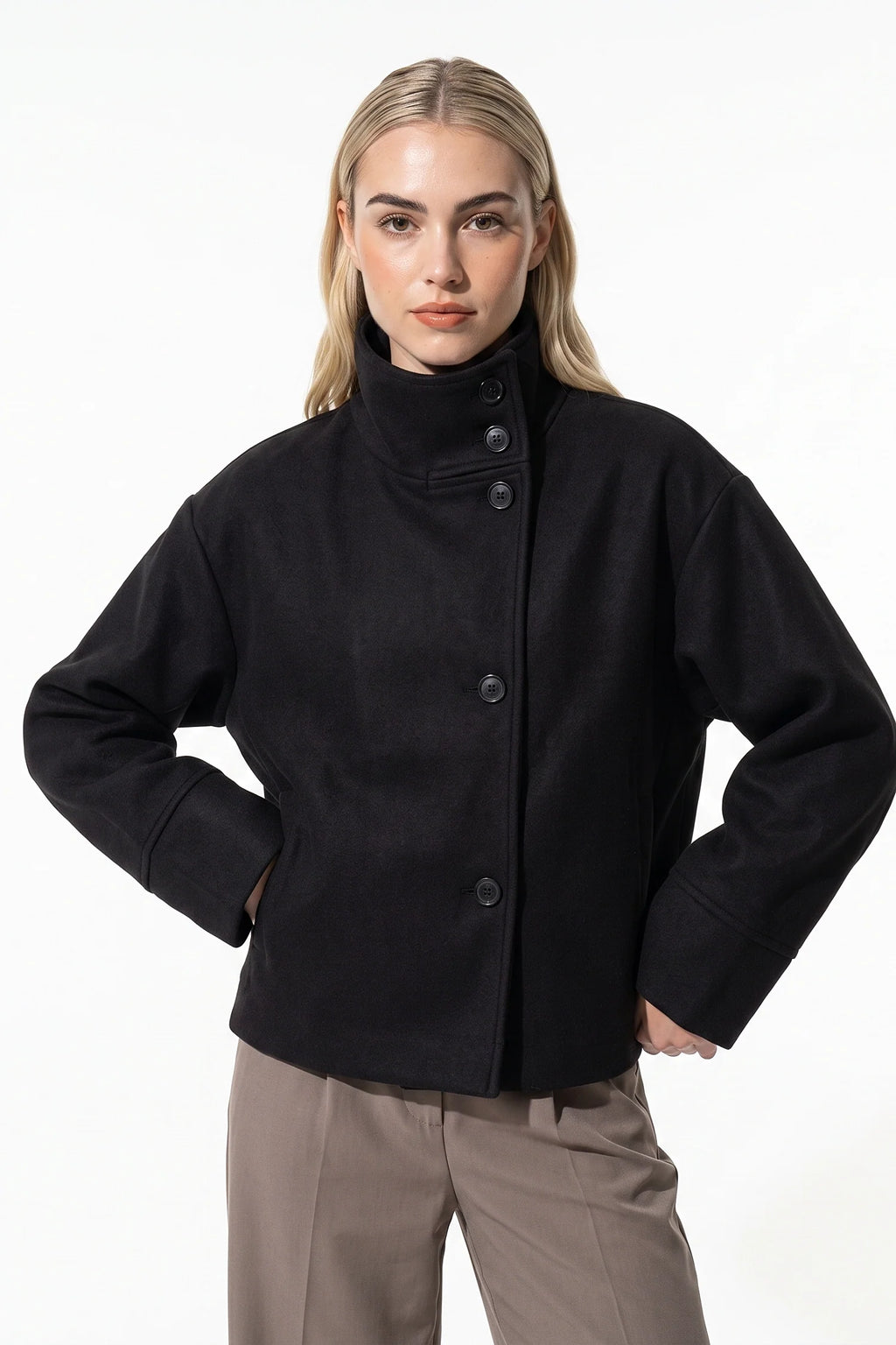 Noémie Klein | Women’s Winter Warm Short Wool Coat with Button Up High Collar