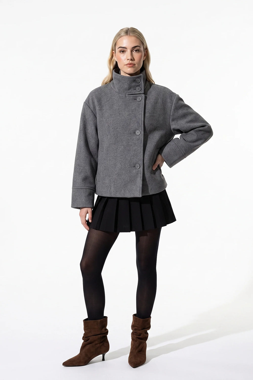Noémie Klein | Women’s Winter Warm Short Wool Coat with Button Up High Collar