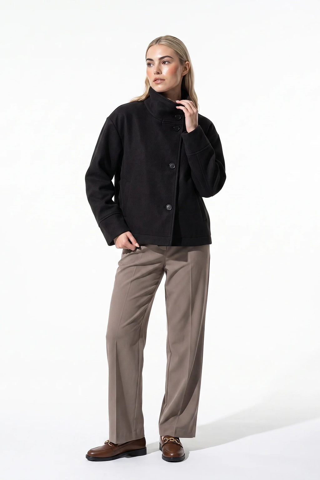 Noémie Klein | Women’s Winter Warm Short Wool Coat with Button Up High Collar