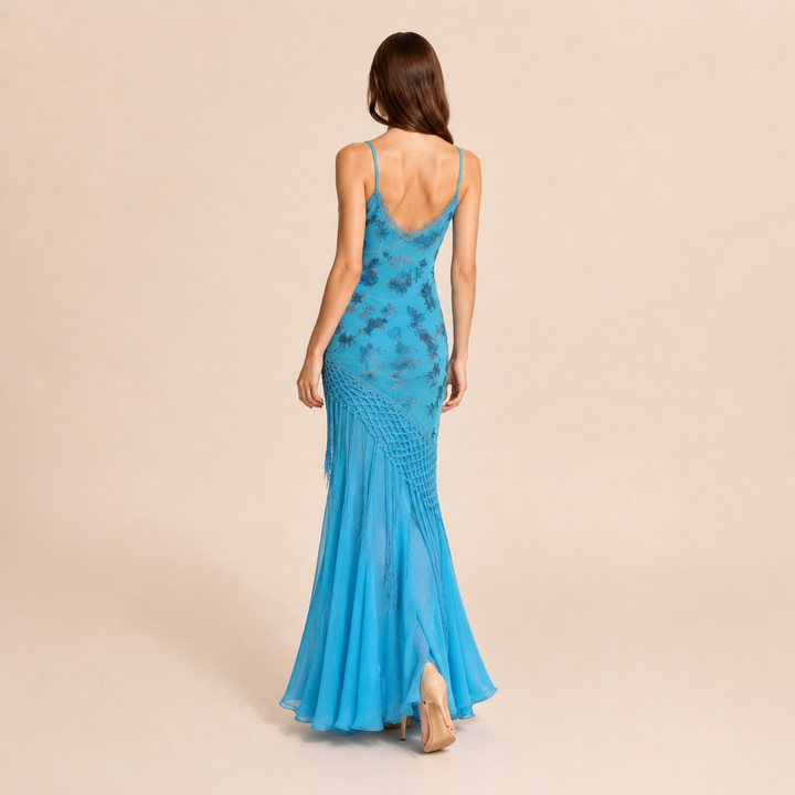 Édith Lemieux | Floral Chiffon Fringe Mermaid Maxi Dress