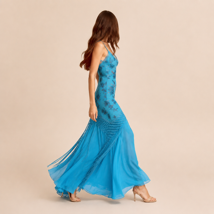Édith Lemieux | Floral Chiffon Fringe Mermaid Maxi Dress