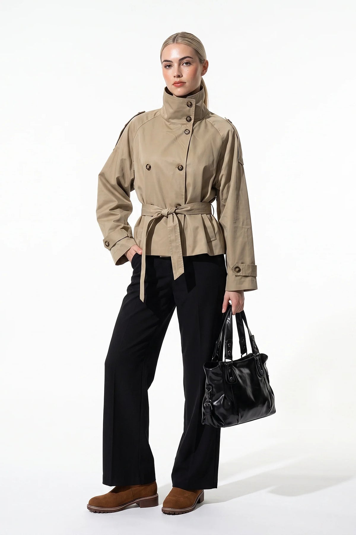 Zélie Morin | Women's Winter Lightweight Khaki Cropped Trench Coat with Belted Waist