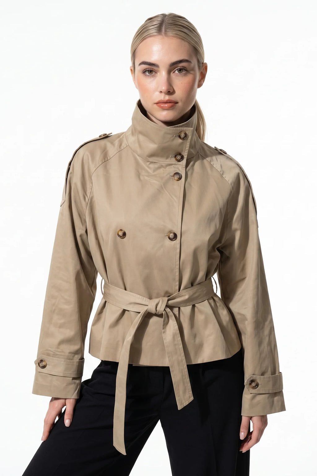 Zélie Morin | Women's Winter Lightweight Khaki Cropped Trench Coat with Belted Waist