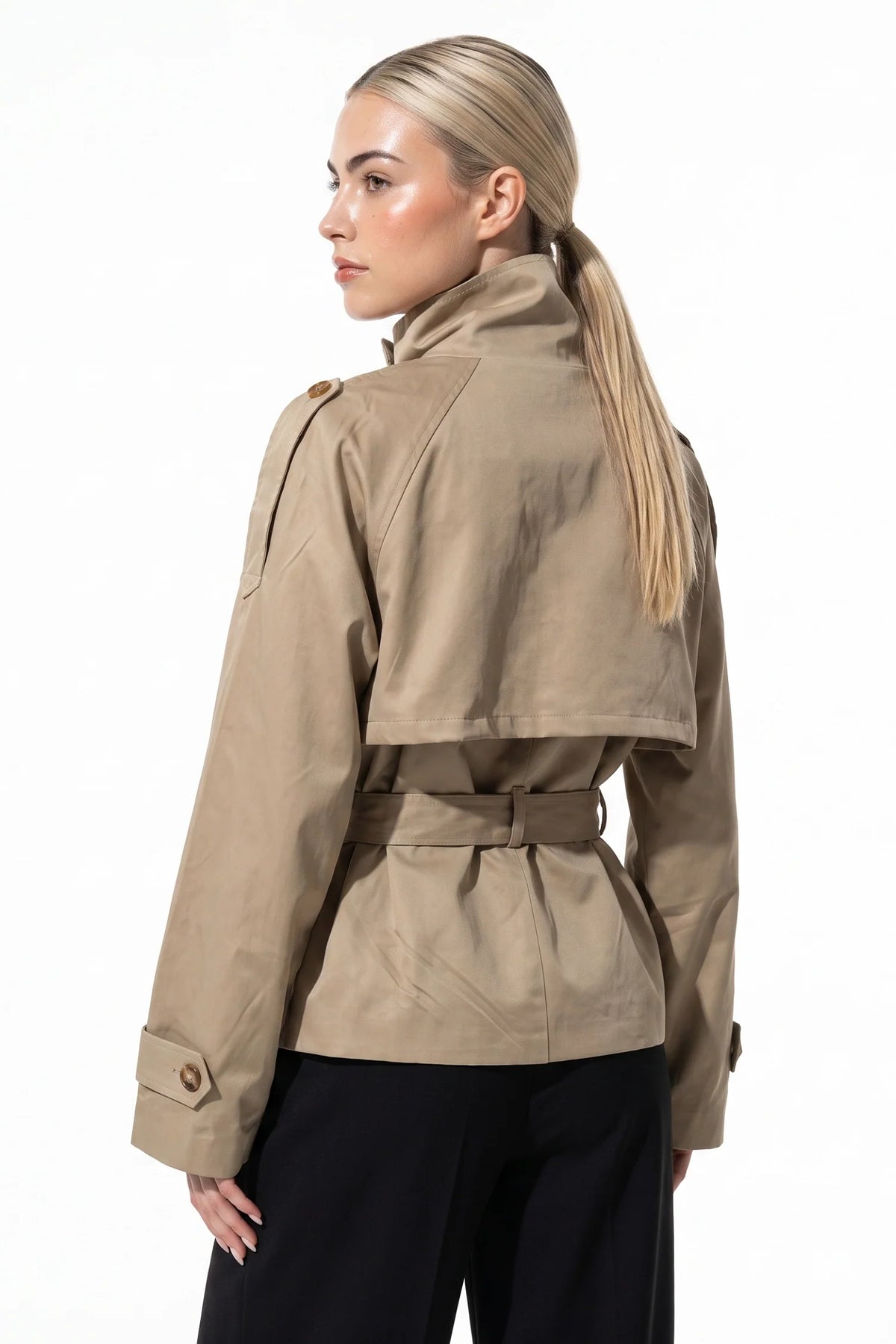 Zélie Morin | Women's Winter Lightweight Khaki Cropped Trench Coat with Belted Waist
