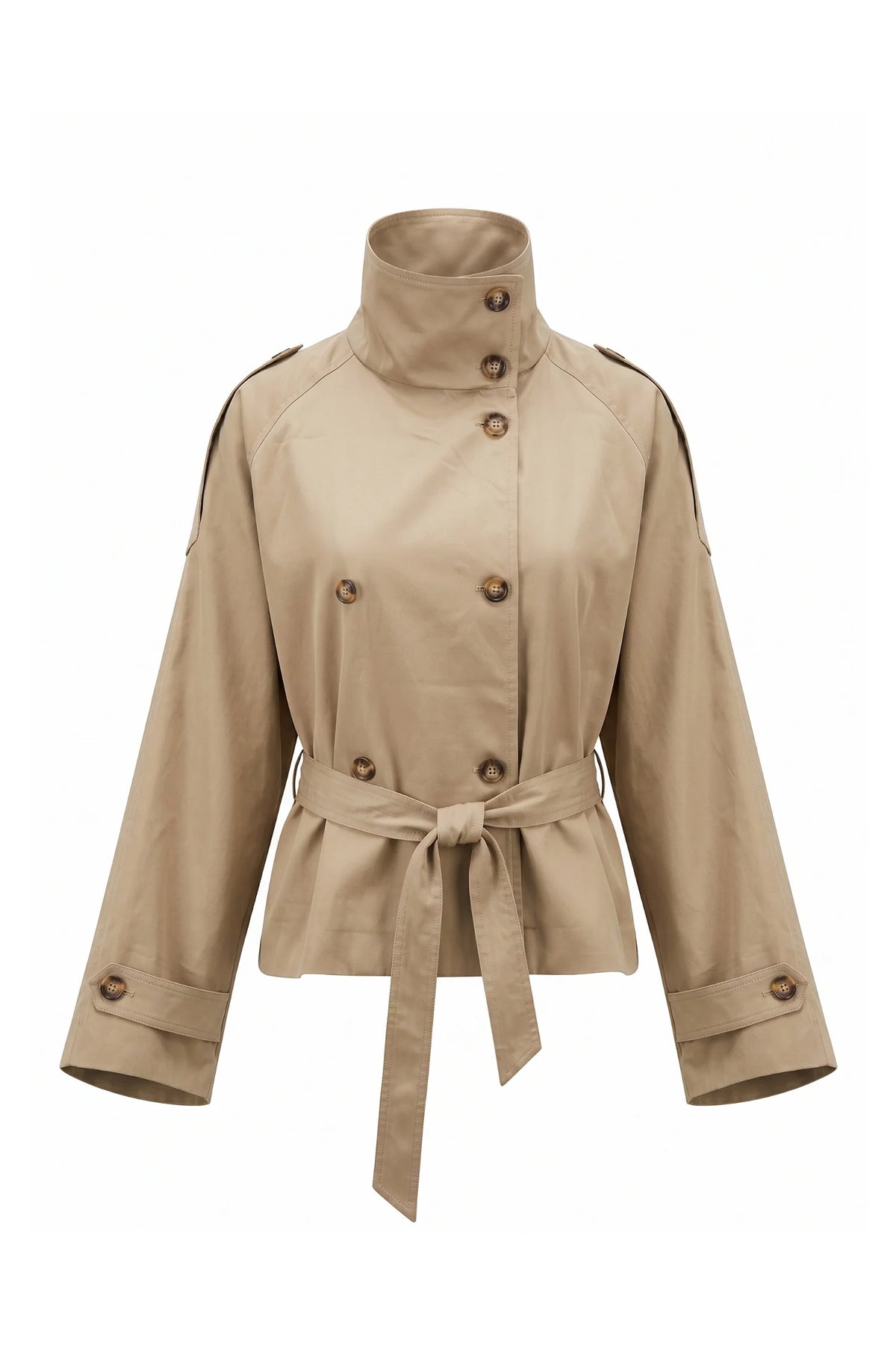 Zélie Morin | Women's Winter Lightweight Khaki Cropped Trench Coat with Belted Waist