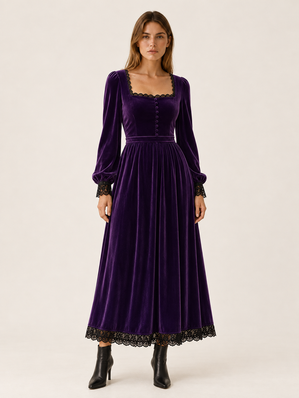Azélie Montfort | Women's Square Neck Velvet-Look Midi Dress Wedding Guest