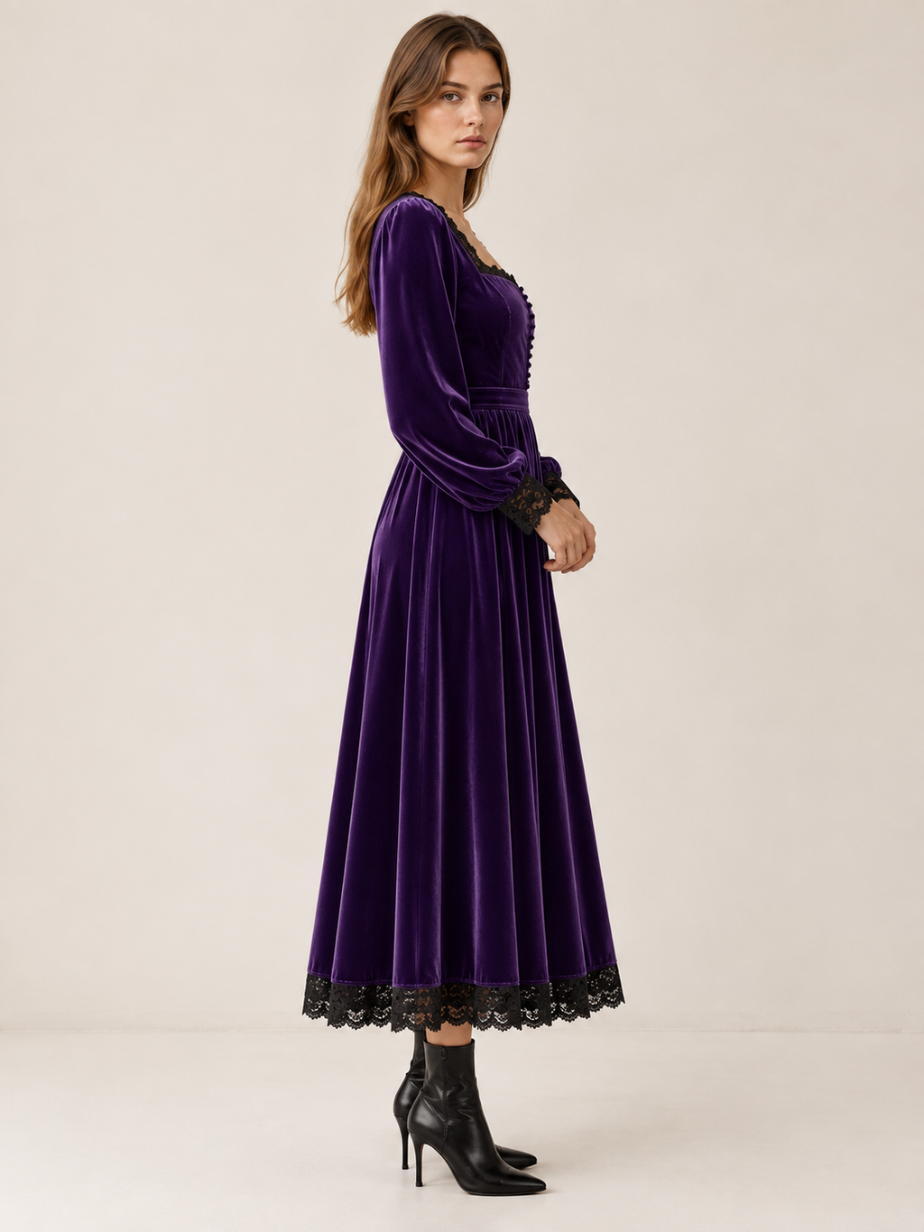 Azélie Montfort | Women's Square Neck Velvet-Look Midi Dress Wedding Guest