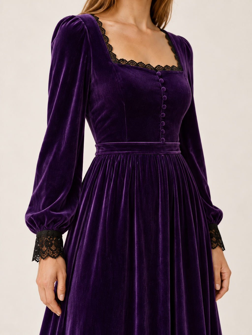 Azélie Montfort | Women's Square Neck Velvet-Look Midi Dress Wedding Guest