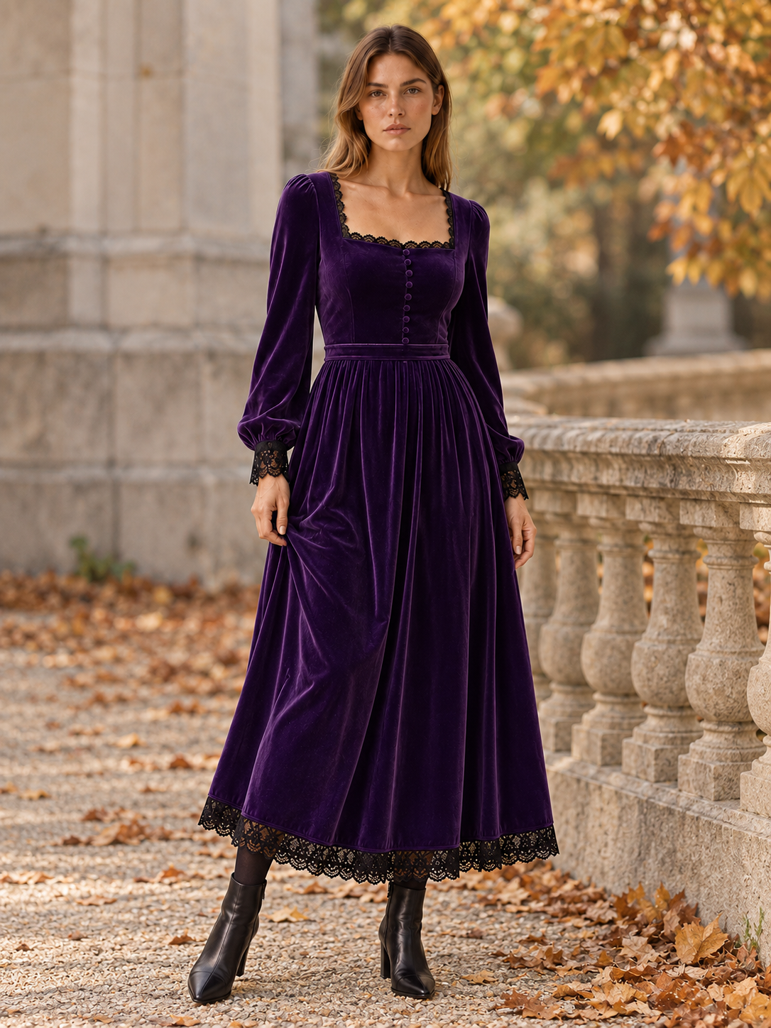 Azélie Montfort | Women's Square Neck Velvet-Look Midi Dress Wedding Guest