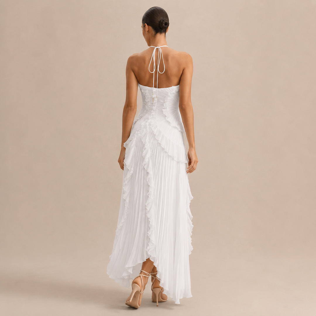 Noémie Gauthier | Pleated Ruffle Halter High-Low Maxi Dress